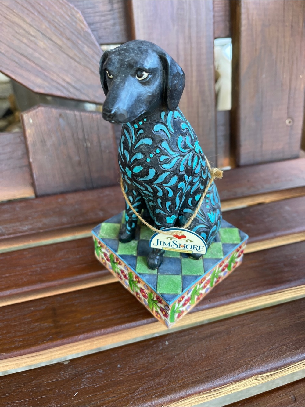 Jim Shore Black & Teal Patterned Dog Figurine on Checker Base.
